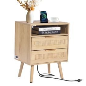 Rattan Nightstand, Boho Bedside Table with Open Shelf 2 Drawers, Rattan End Table Nightstand with Solid Wood Legs