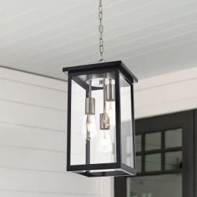 Black and Brushed Nickel Outdoor Pendant Light Fixture, Exterior Chandelier Hanging Lantern for Front Porch