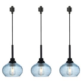 3-Light H-Type Track Pendant Light Fixture with Blue Water Ripple Glass Shade, Decorative Track Lighting Fixture for Kitchen Island Hallway, Blac