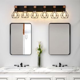 38" Modern Geometric 6-Light Vanity Light Fixture with Black Metal, Wooden Accents and Cage Lampshade for Bathroom, Bedroom