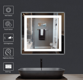 LED wall mirror with three-color temperature (RGB) and smart touch button control, featuring dimmable, anti-fog (S1R5070UL20"x28": S1R7690UL30"x36")